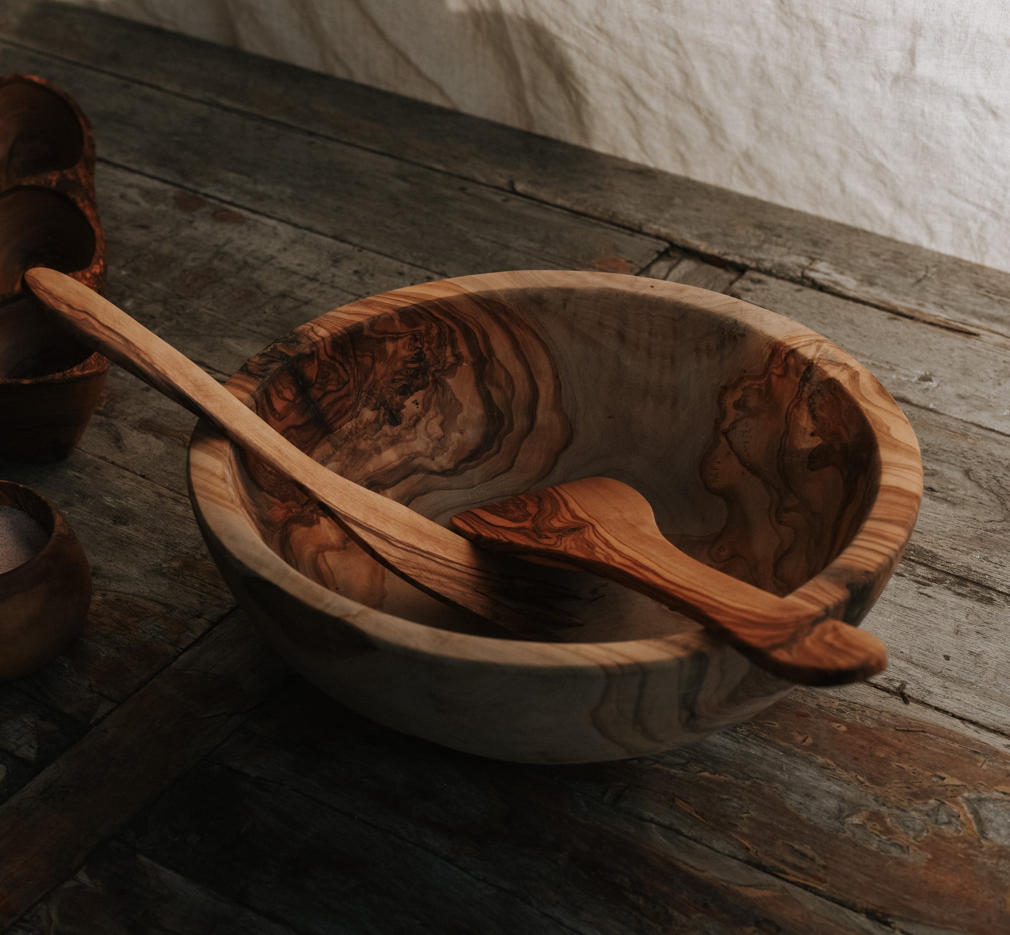 Salad Bowl with Wooden Serving Utensils